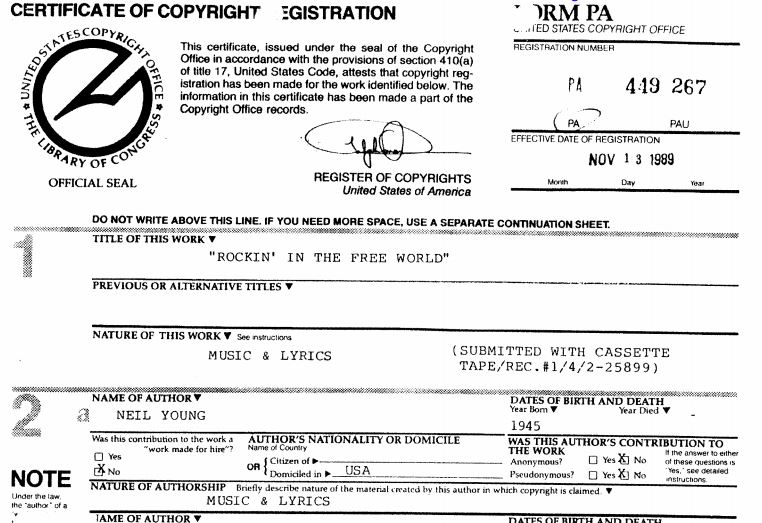 Rockin' in the Free World Copyright Registration