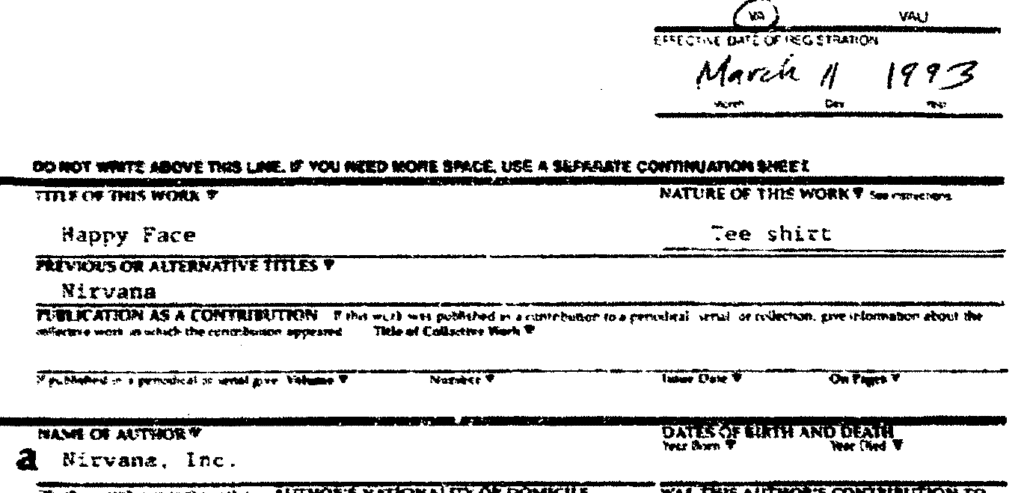 Nirvana's original copyright registration for the happy face t-shirt featuring the smiley face design