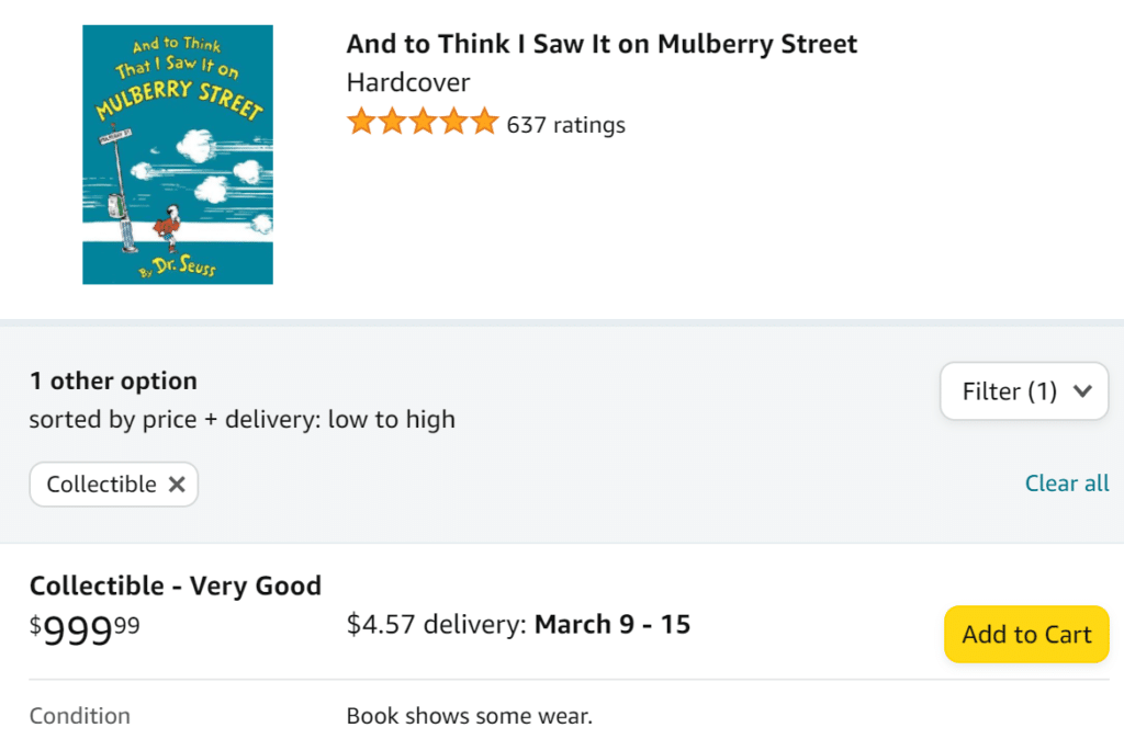 Amazon listing for "And To Think That I Saw It on Mulberry Street"