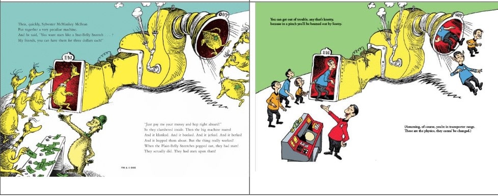 Illustrations from the Dr. Seuss works compared to those from ComicMix's "Oh, the Places You'll Boldly Go!"
