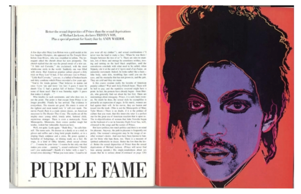 Andy Warhol's Prince illustration based on the Lynn Goldsmith photograph as it appeared in Vanity Fair, The photo was the subject of a fair use opinion by the Second Circuit.