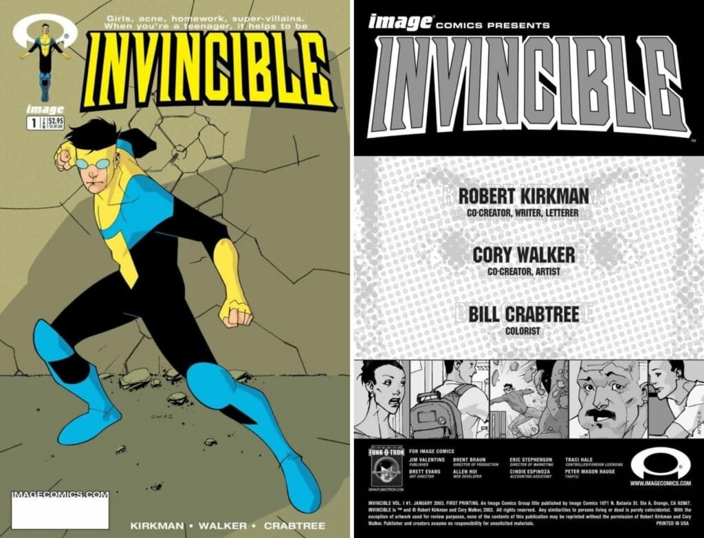 Invincible #1: Robert Kirkman and Cory Walker were credited as co-creators of the work, while Crabtree was only credited as the colorist.