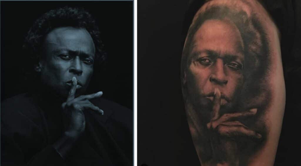 A comparison of Jeff Sedlik's original photograph of Miles Davis to Kat Von D's tattoo, which is at the center of a copyright infringement lawsuit.