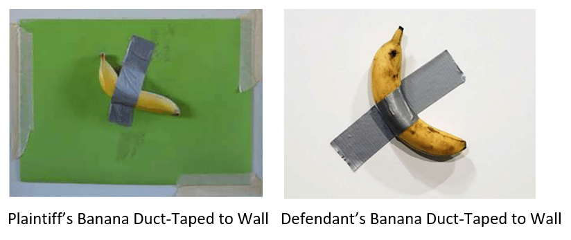 A comparison of Joe Morford's duct-taped banana art with Maurizio Catellan's duct-taped banana art.