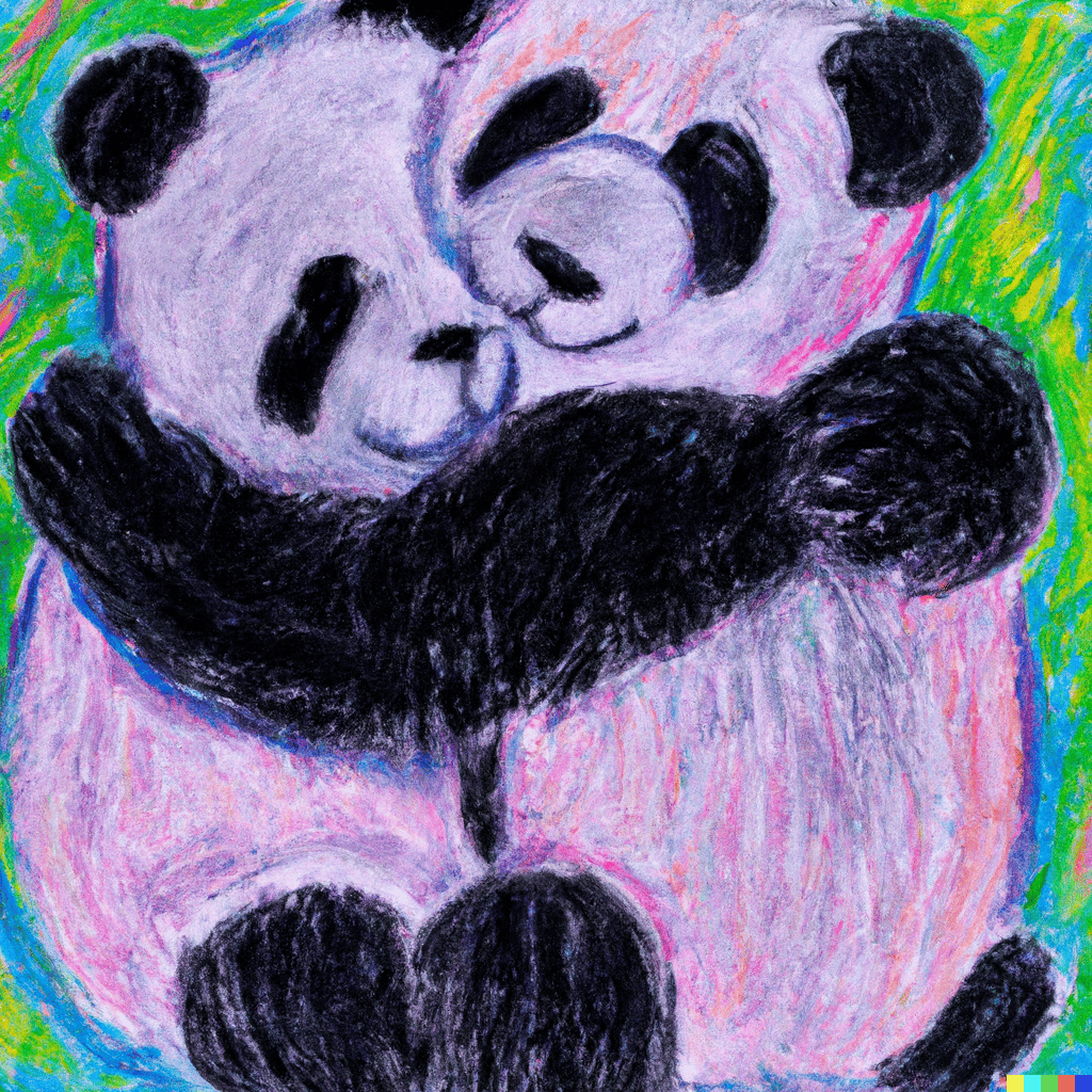 An image created using the DALL·E 2 prompt "a cute oil pastel drawing of a two pandas hugging"