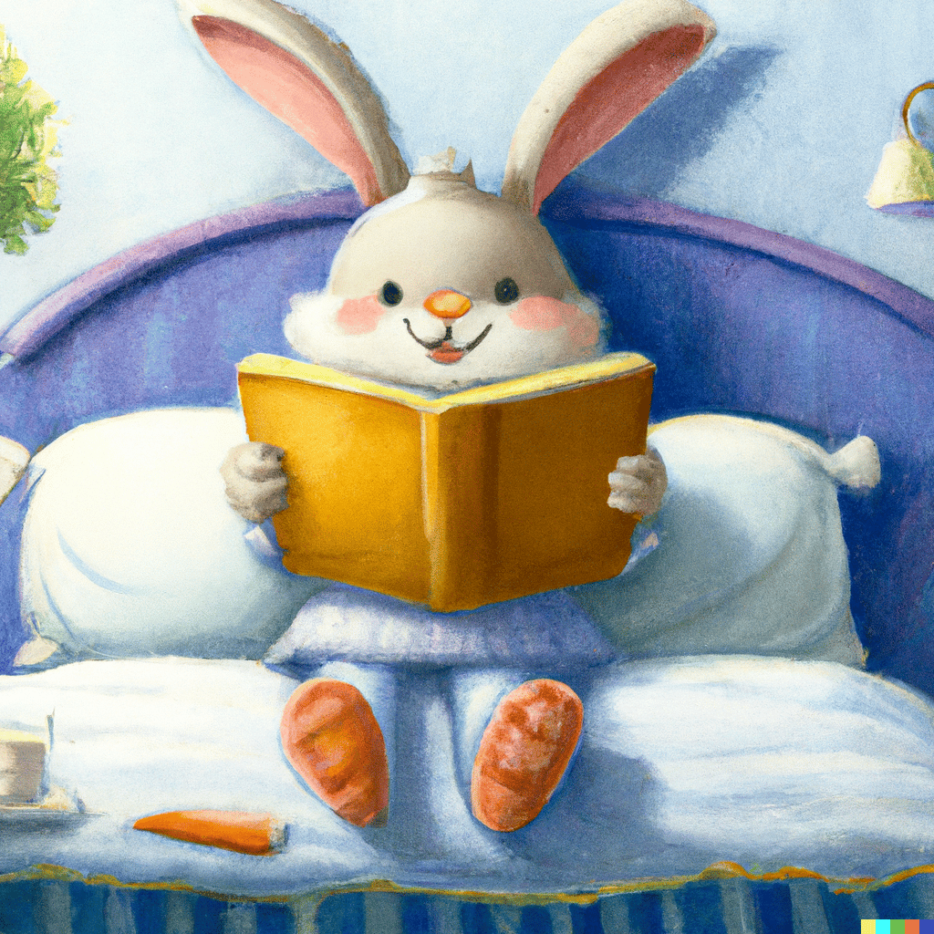 An image created using the DALL·E 2 prompt "A whimsical painting of a cute bunny rabbit in pajamas reading a book in bed."