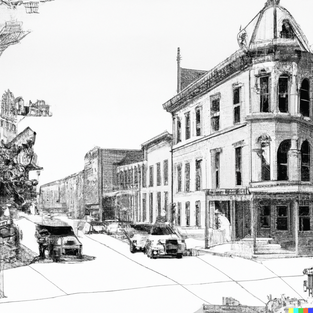 An image created using the DALL·E 2 prompt "A hand-drawn sketch of a city in the late 1800s."