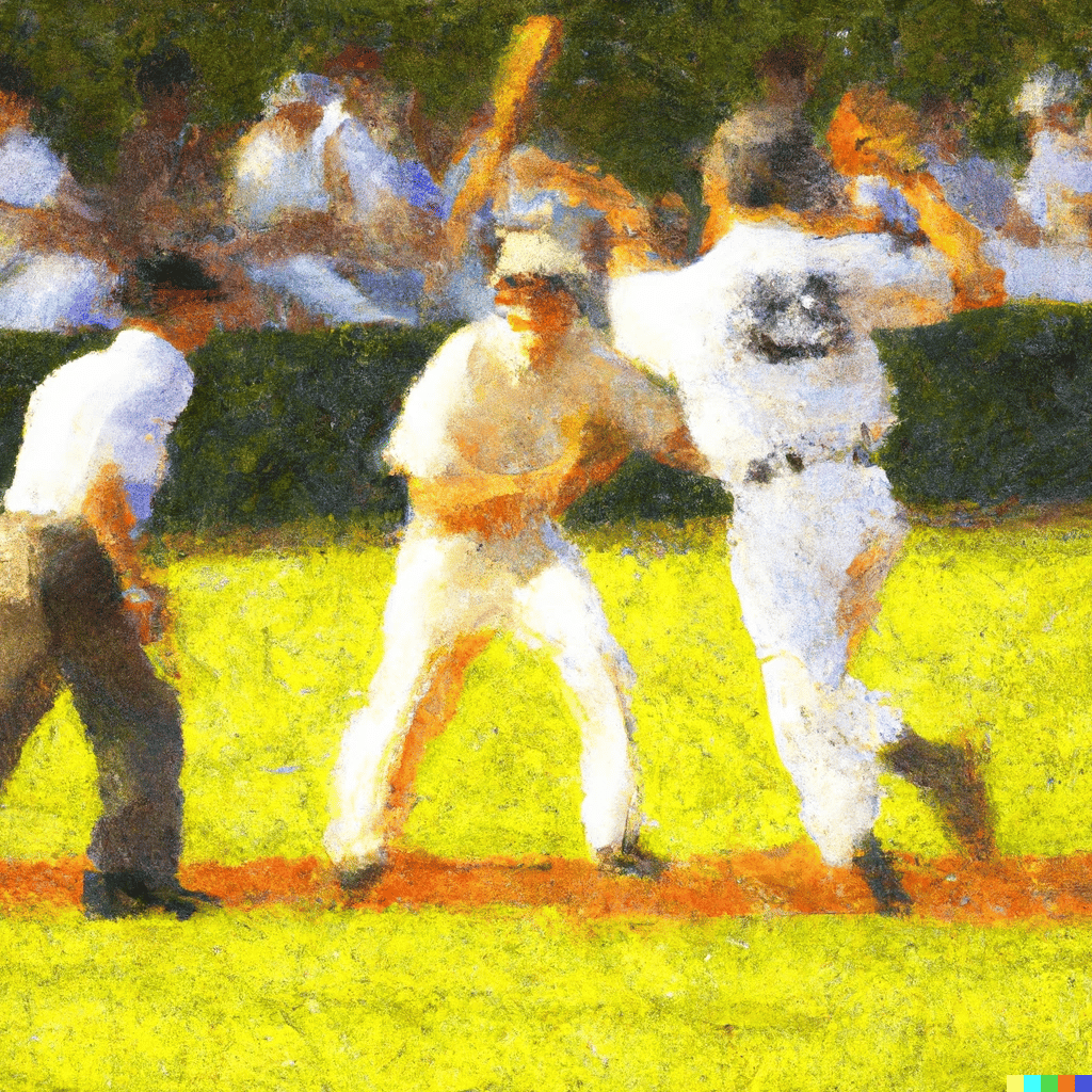 An image created using the DALL·E 2 prompt "An impressionist style painting of an old timey baseball game."