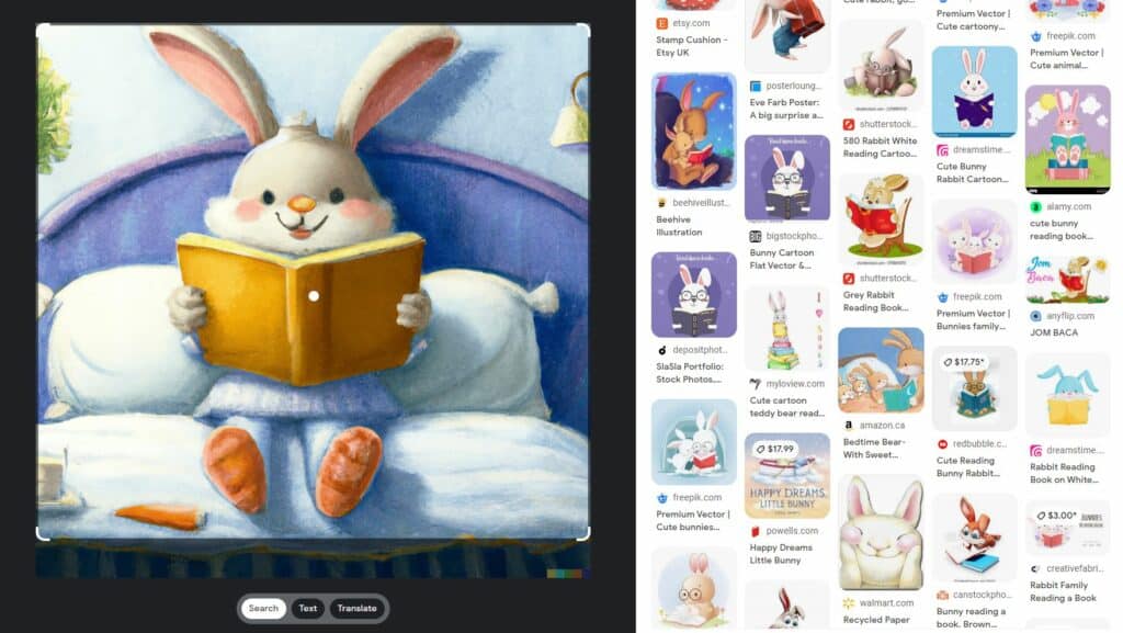 A comparison of my bunny reading a book in bed picture with other similar pictures on the internet
