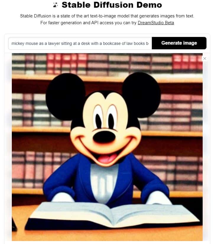 An image created using Stable Diffusion with the prompt "mickey mouse as a lawyer sitting at a desk with a bookcase of law books behind him."
