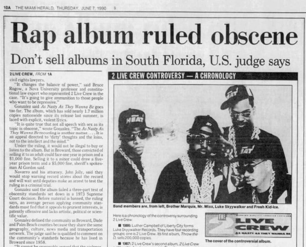 Article from the June 7, 1990 Miami Herald reporting that a federal judge held that 2 Live Crew's "As Nasty As They Wanna Be" was legally obscene.