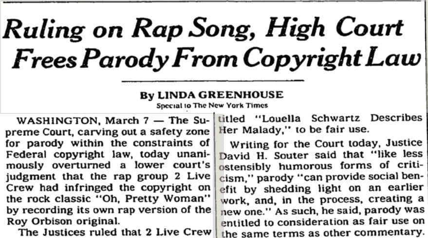 On March 8, 1994, The New York Times reported on 2 Live Crew's Supreme Court fair use victory.