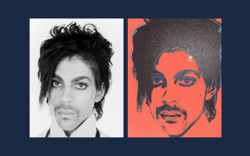 A comparison of Lynn Goldsmith's original photo of Prince with Warhol's "Orange Prince"